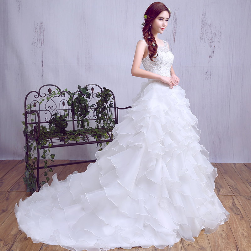婚纱2015新款冬季新娘结婚韩版一字肩拖尾婚纱双肩齐地婚纱A字裙