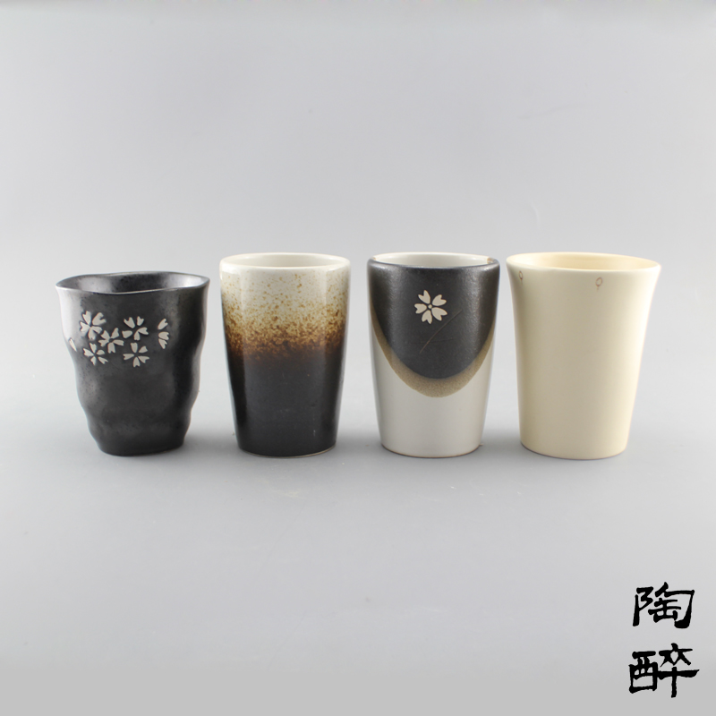 日式陶瓷水杯子粗陶茶杯个性手绘茶具泡茶杯樱花茶杯黑白特价包邮