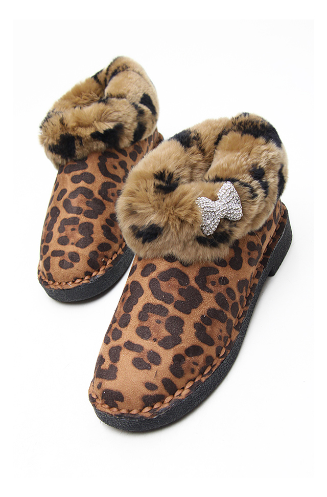 韩版豹纹花色兔毛口 加绒棉靴 雪地平底短靴 保暖裸靴