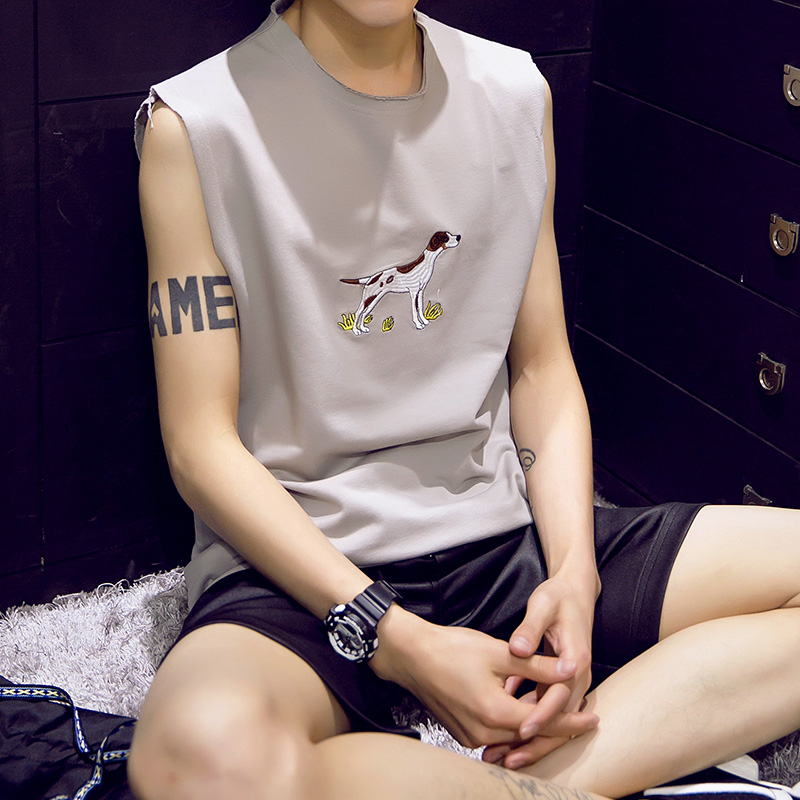 2015夏季新品男士韩版个性胸前绣花纯棉无袖背心圆领T恤 潮精品