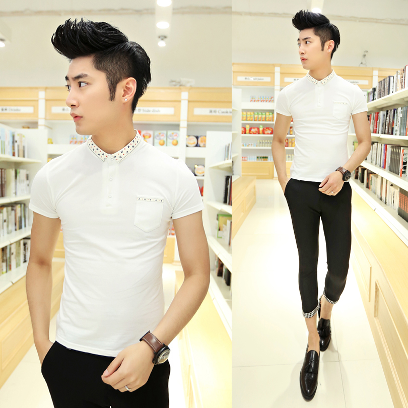 2014新款韩版修身男士小船锚图案短袖POLO衫休闲型夏季常规型拼接