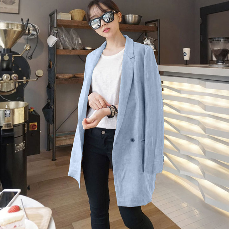 韩国2015春装新款外套女装棉麻中长款西装亚麻薄款西服大码潮594