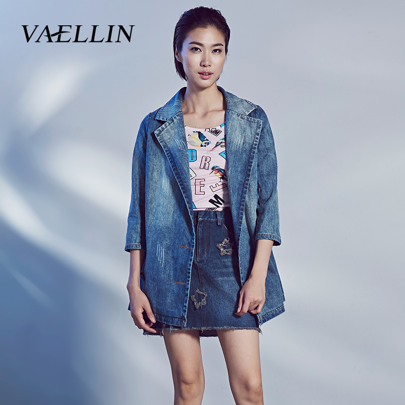 VAELLIN/梵依连欧洲站2015秋装新品中长款七分袖小西装牛仔外套女