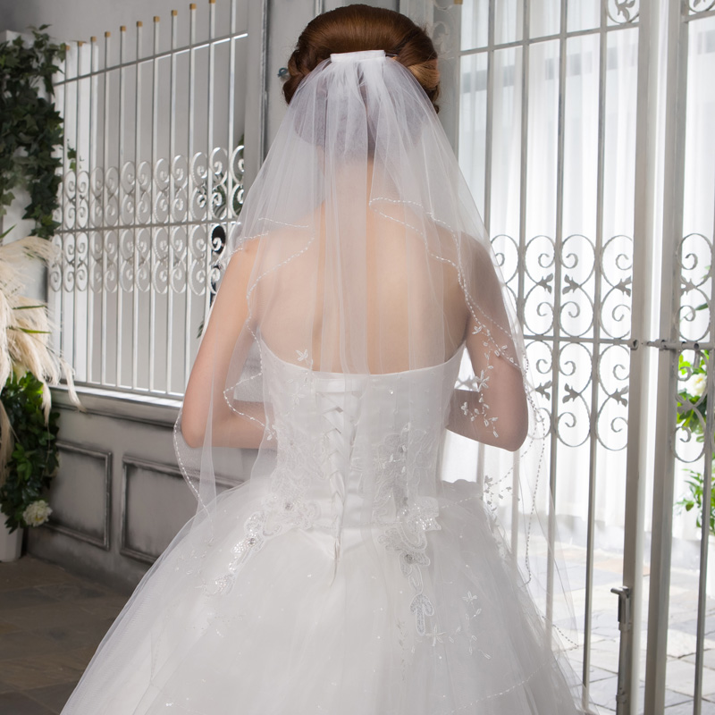 2015新款韩式新娘婚纱头纱 简约手工钉珠短款白色头纱 结婚配件