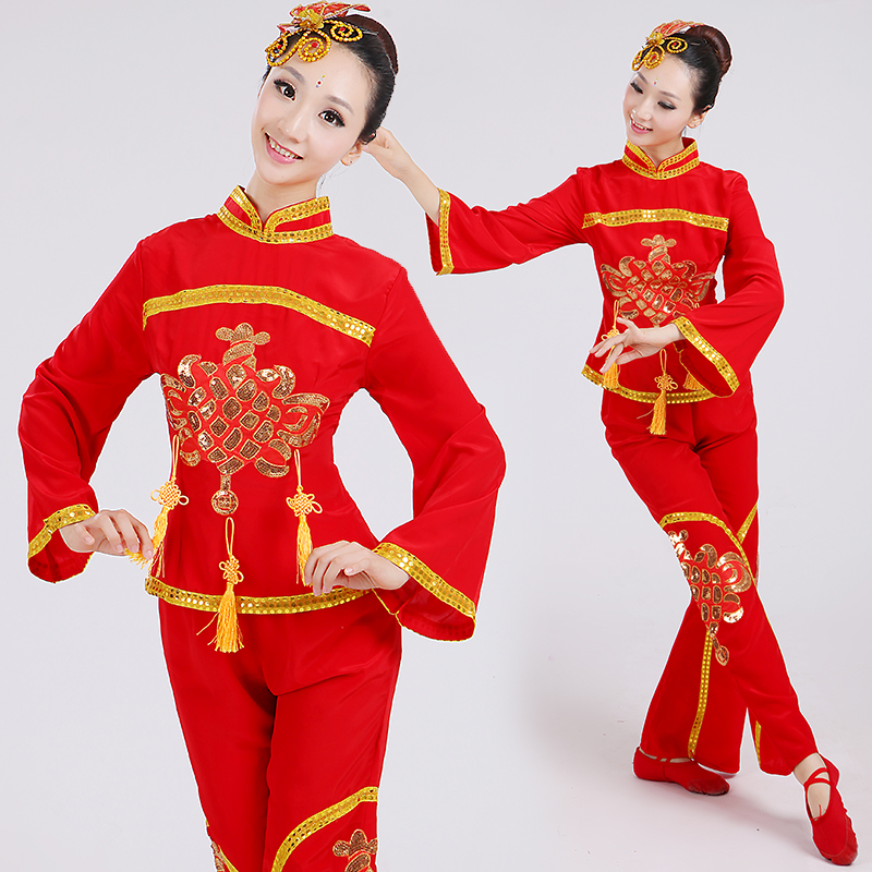 2015新款开门红秧歌服装演出服女腰鼓扇子舞广场舞蹈舞台装中国结