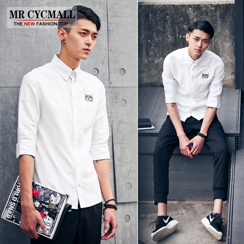 Mrcycmall 夏季新款潮男装日韩版原创设计五分袖潮流个性刺绣衬衫