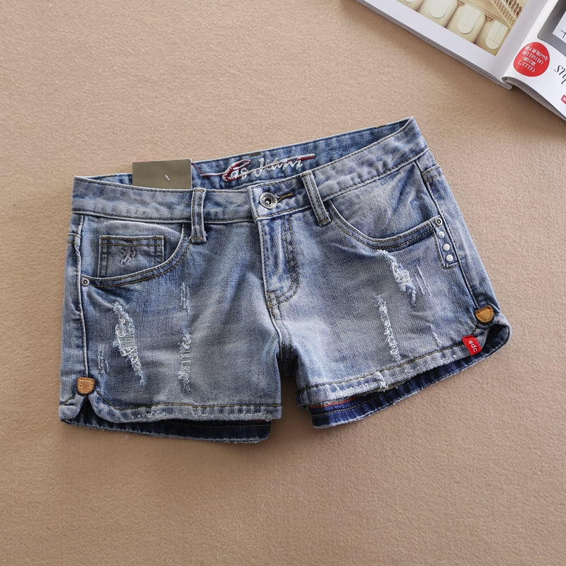 2015春夏新款 EDC复古磨破朋克铆钉弹力修身提臀女士牛仔短裤热裤