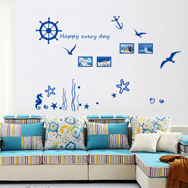 蓝色海洋 儿童房可移除照片墙贴 儿童房卧室贴画 玻璃贴墙壁贴纸