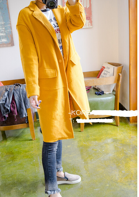 2015秋冬韩国东大门代购纯色直筒型长袖超美黄色薄呢外套女中长款