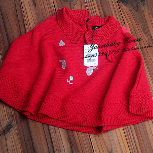 韩国高端品牌女童披风针织毛衣斗篷法国猫咪宝宝披肩喜庆红90-140