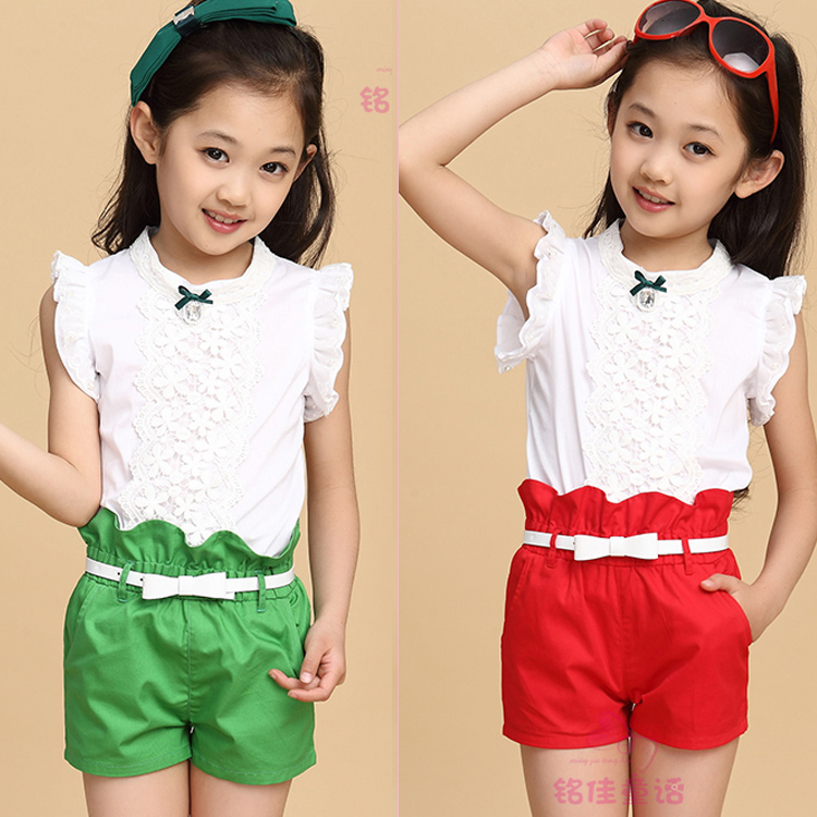 2014女童中大童装韩版潮时尚甜美两件套夏装薄款绿色短裤无袖套装