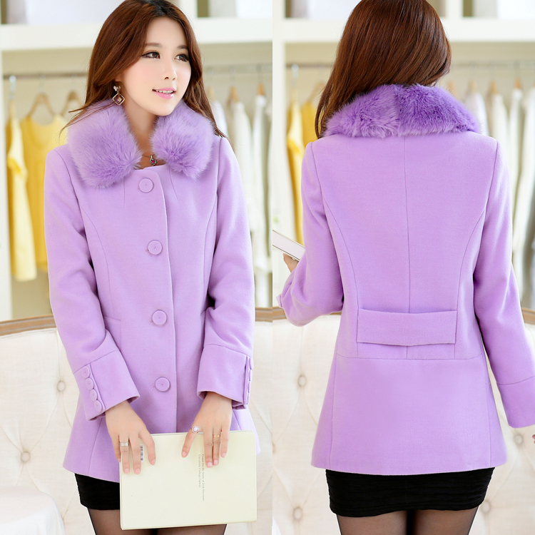 2014韩版春秋女装新款中长款外套仿狐狸毛领羊毛呢子大衣羊绒外套