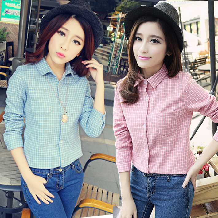 2015春夏新款女装上衣韩版学院风学生格子衬衫女长袖修身纯棉衬衣