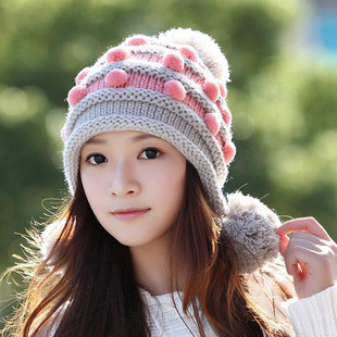 毛线帽 女 韩版冬款可爱甜美休闲护耳球女士毛线帽子保暖护耳冬天