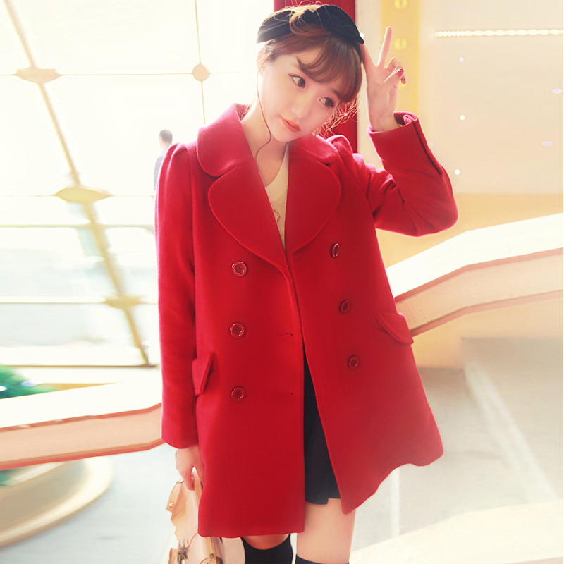 韩国韩国AR甜美气质娃娃领学院风呢子大衣女 红色双排扣毛呢外套