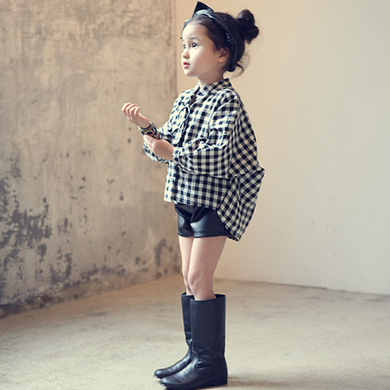 亲子装秋装2015款韩版母女童装女童格子衬衫纯棉蝙蝠袖儿童长袖衫