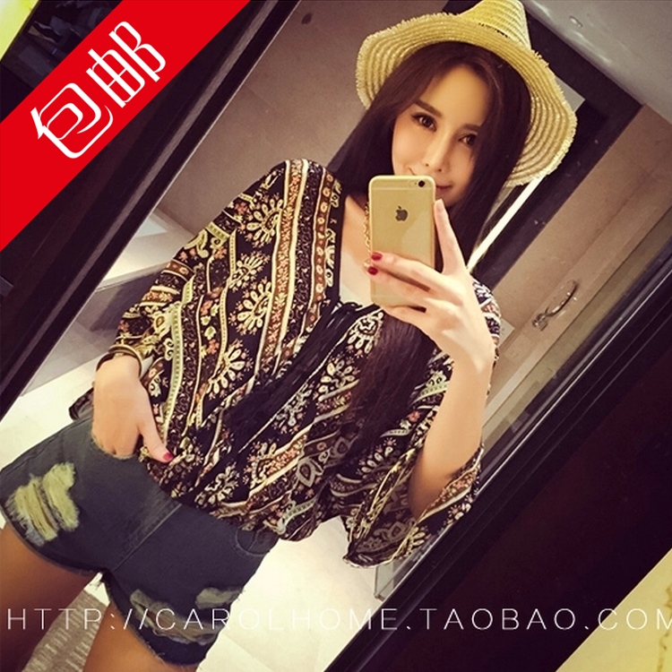 波西米亚民族风夏季女装时尚复古上衣个性图案蝙蝠衫热带度假t恤