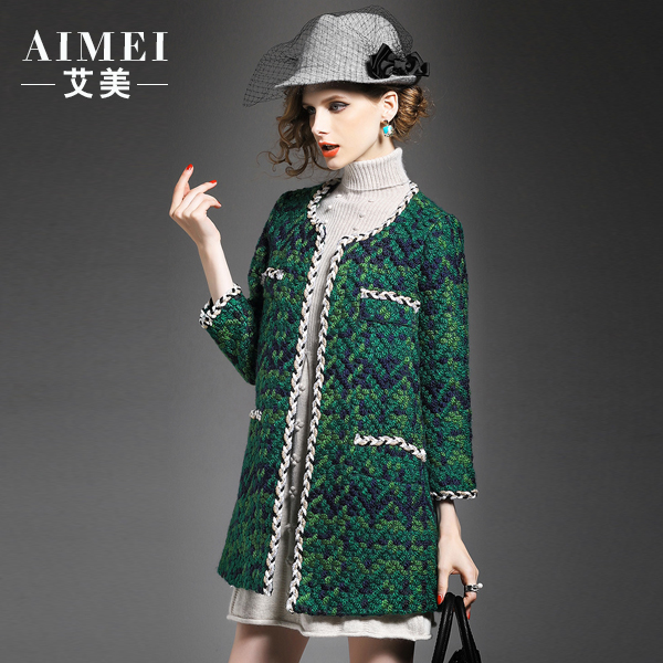 2015秋季新款女装 欧美时尚圆领九分袖直筒型混纺棉针织女式外套