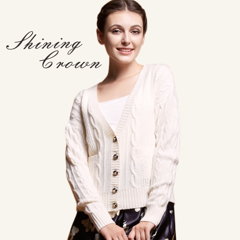 shiningcrown2014秋冬新款羊绒衫女纯羊绒加厚绞花女针织开衫外套