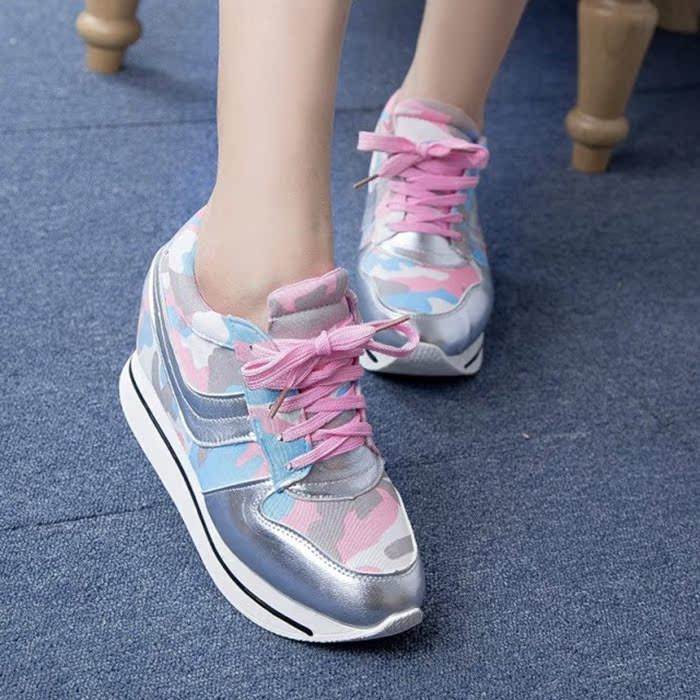 2014秋季新款韩版内增高女鞋高帮运动休闲鞋学生系带迷彩坡跟单鞋