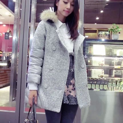 新款专柜2014冬季毛呢韩版中长款毛领九分袖显瘦拼接加厚棉衣外套