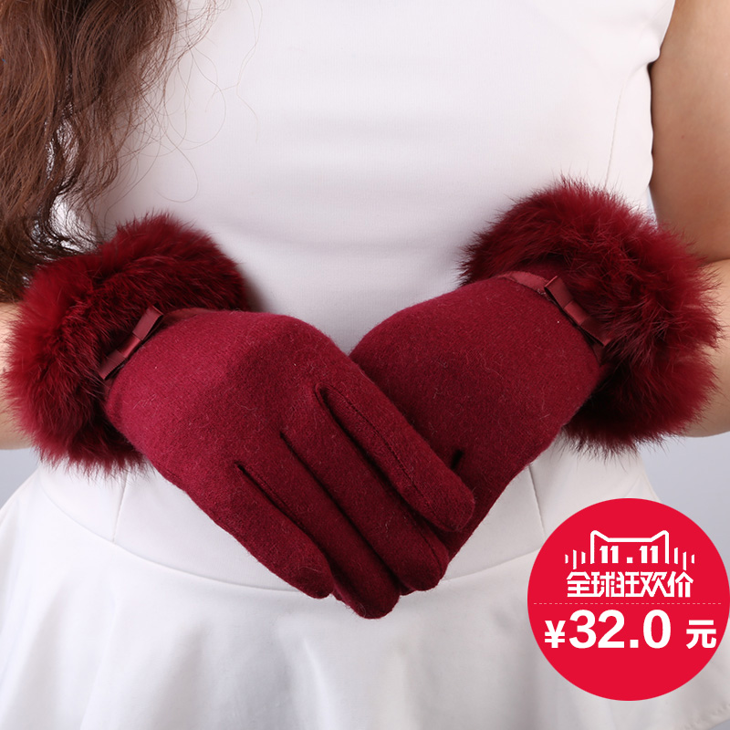 2015新款羊毛手套秋冬季女加绒加厚保暖分指兔毛口手套韩版可爱潮