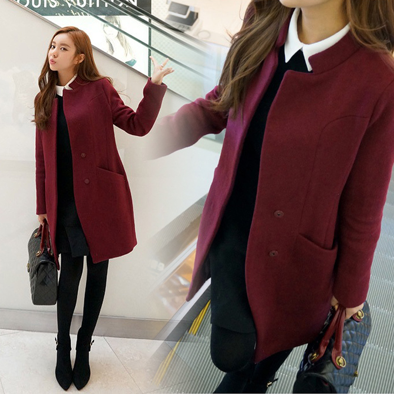 超值2015韩国代购秋冬新款大码修身韩版中长款羊毛呢外套女呢大衣