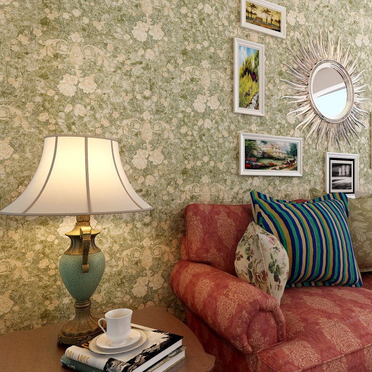 欧博琳壁纸 环保纯纸F89070美式复古做旧乡村大花卧室满铺墙纸