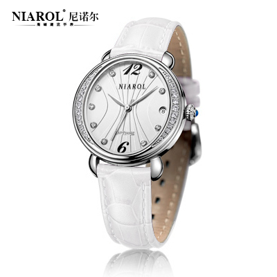 香港尼诺尔正品白色手表 潮流女式 腕表 皮带女表 时尚女士表皮革