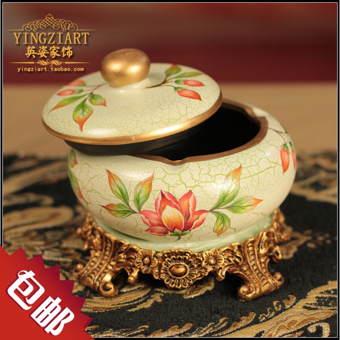 欧式田园陶瓷烟灰缸创意家居饰品客厅茶几摆件大号带盖树脂烟缸