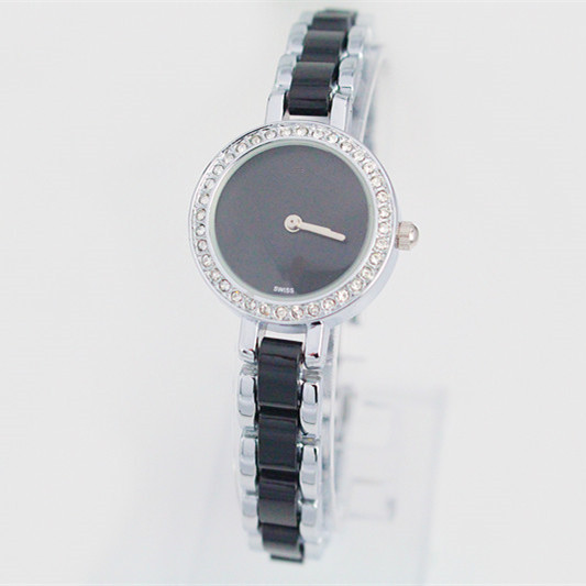 圆形手链手表 黑色塑胶里+不锈钢女表  进口水钻 Bracelet Watch