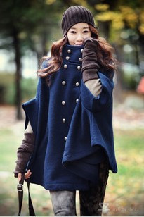 2013秋装新款韩国SZ海蓝色双排扣斗篷大衣蝙蝠袖秋冬热卖款女外套