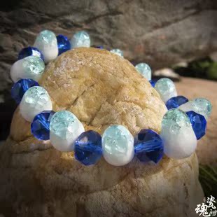 波西米亚 景德镇陶瓷 天使的美 浅蓝冰裂深蓝水晶花纹 手工手链