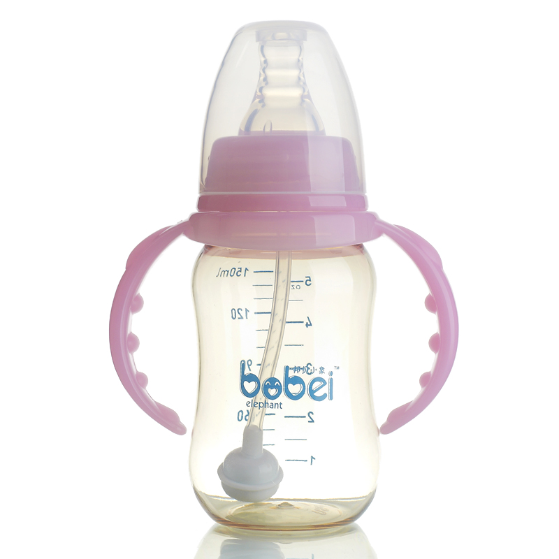 婴儿PPSU塑料奶瓶 标准口径带自动吸管手柄 弧型 抗菌防摔防胀气