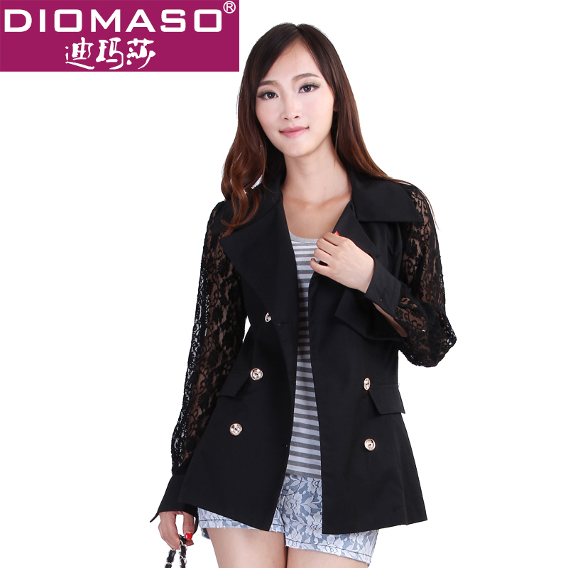 迪玛莎2013韩版春秋蕾丝长袖拼接时尚双排扣小西装黑色修身西服女