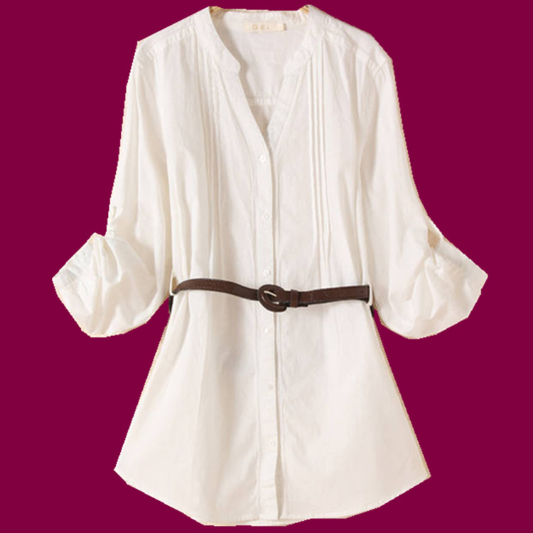 2014新款韩版少女高端纯棉中长款休闲显瘦白衬衫上衣女长袖春季装