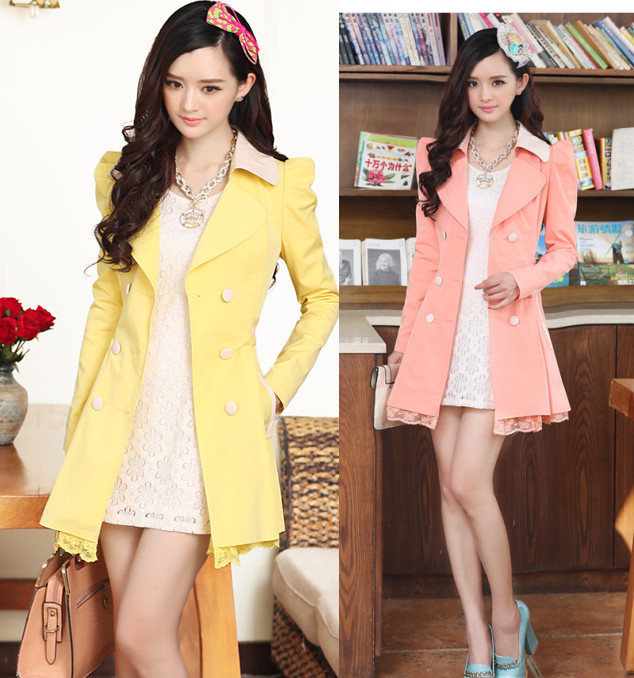 2014秋季新款韩版修身中长款女士风衣蕾丝时尚翻领纯色薄款大外套