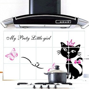 厨房防油贴瓷砖贴防水小黑猫卡通可爱灶台防污高档耐高温墙贴纸