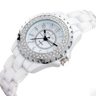 时空品牌女士手表 杨幂同款奢华水钻陶瓷手表 正品手表女白色