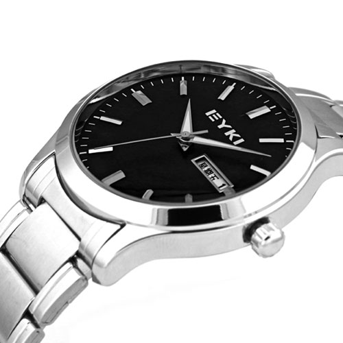 新款艾奇EYKI 情侣表 日历 星期显示 防水钢带手表 石英男士手表