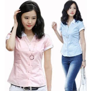 工作服 女 衬衫 粉蓝白色修身短袖ol通勤职业衬衫女装夏季