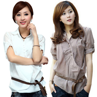 包邮2011新款夏装女装时尚韩版修身衬衫细条纹套头衬衣 送腰带