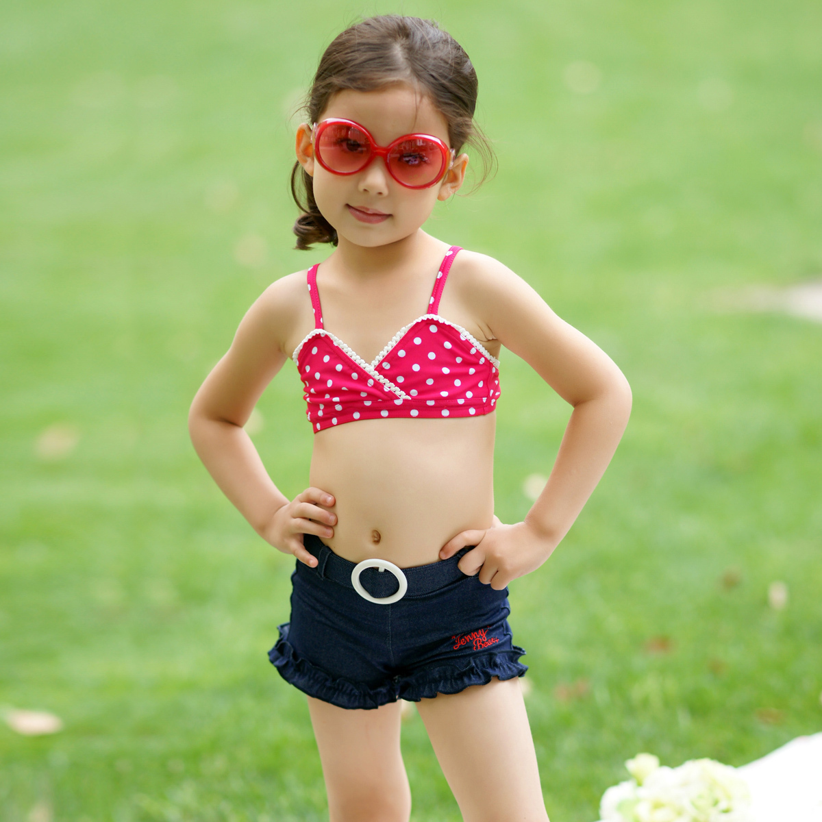淘品牌珍妮贝尔女童 泳衣 2011新款 玫红色波点两件套