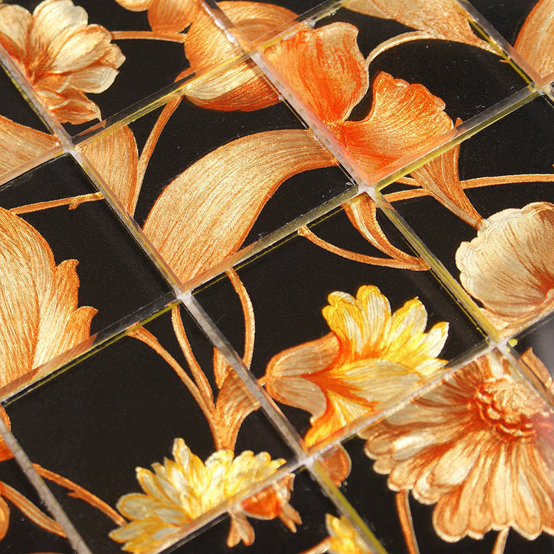【珊瑚海马赛克】金色花朵仿古墙纸玻璃马塞克 水晶黑色底墙贴砖