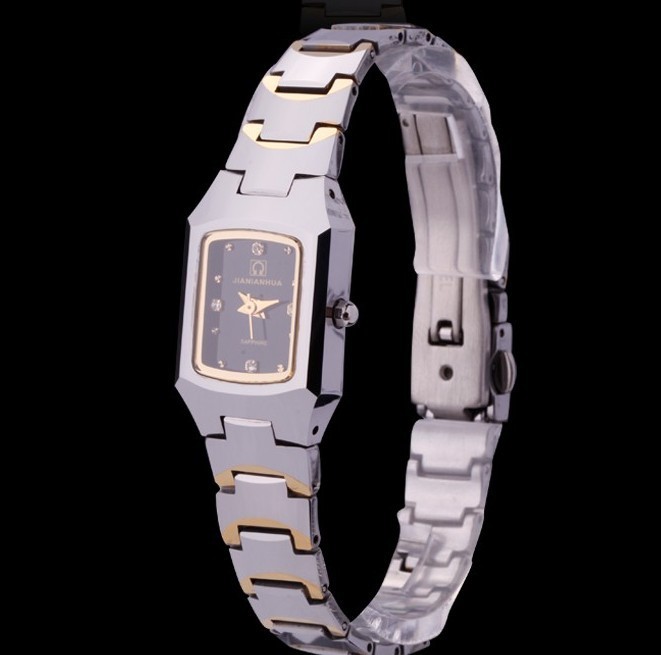 瑞士正品方形钨钢间金女表 带钻方型女士手表 女式钨钢表全国联保