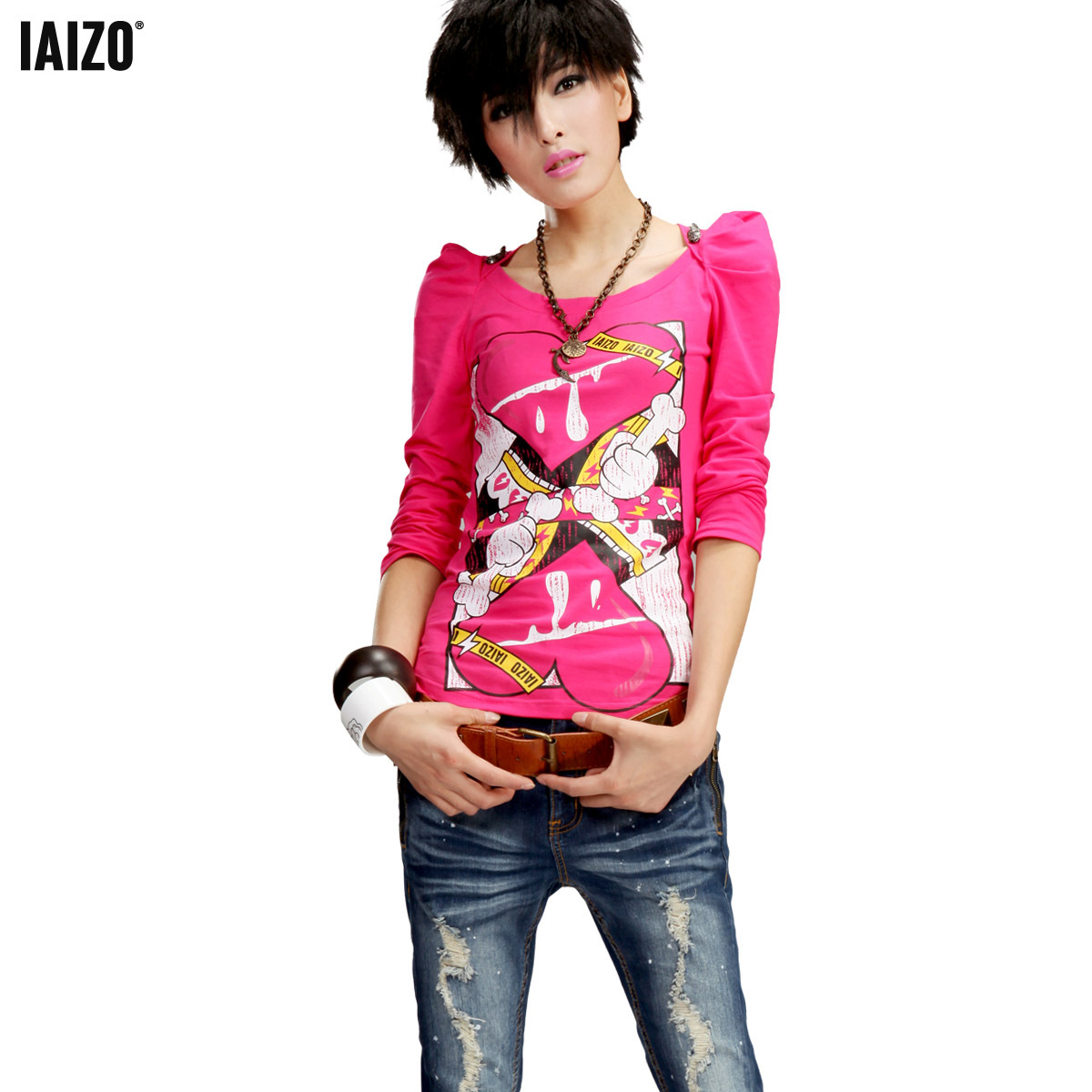 七格格IAIZO高端 设计师系列 耸肩印花打底衫长袖t恤 01A263618