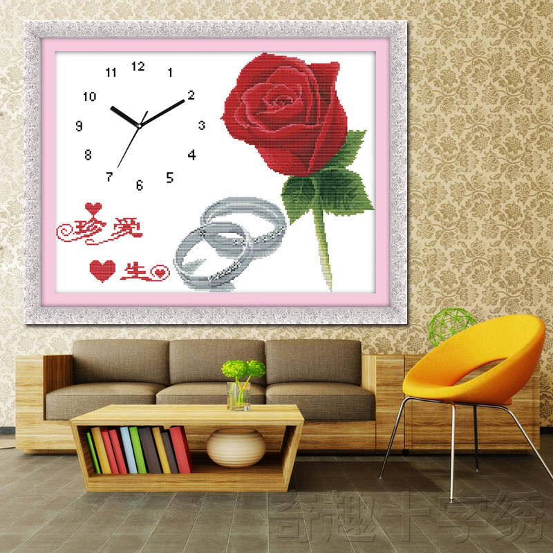 最新款精准印花十字绣客厅大幅婚庆玫瑰钟表系列真爱永恒珍爱一生