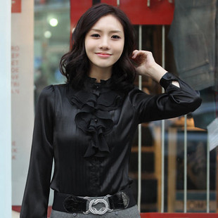 限时抢购！2011 新款秋装 韩版 女装 真丝 荷叶边衬衣 长袖衬衫