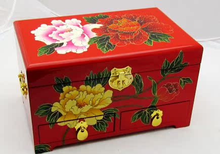 28红双牡丹纯手工木制漆器彩绘百宝箱礼品专用首饰盒，化妆盒