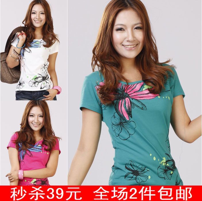 【2011中国风】水墨花朵 时尚百搭 棉 圆领 女装 短袖T恤(5个码)